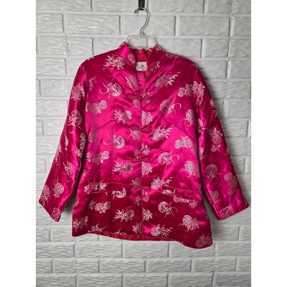 Yeong Jackets & Blazers - VTG Women's Large Mandarin Jacket Pink Satin Frog Buttons Quilted Padded Yeong